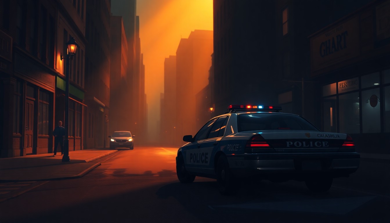 A realistic painting of a solitary police car parked on a dimly lit city street, with warm sunlight casting long shadows across the scene, conveying a sense of quiet contemplation and the complex relationship between local law enforcement and federal immigration policies.