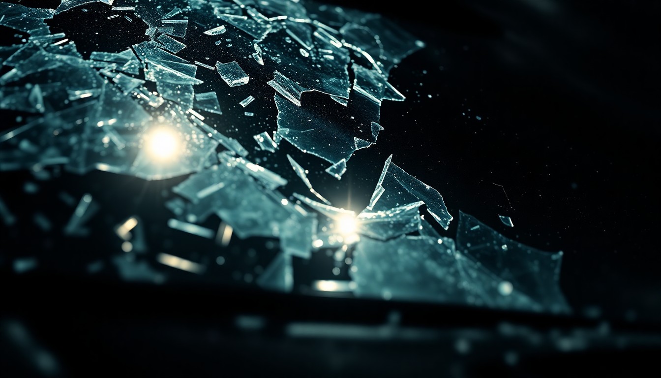 An extreme close-up of a shattered car windshield reflecting a harsh camera flash, conceptually representing the aftermath of a tragic vehicle accident.