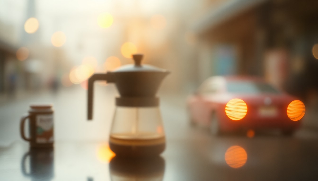 An extremely blurred and out-of-focus photograph featuring a single, indistinct coffee cup or brewing equipment, captured in a soft, warm, and hazy visual style that evokes the mood and atmosphere of the specialty coffee experience.