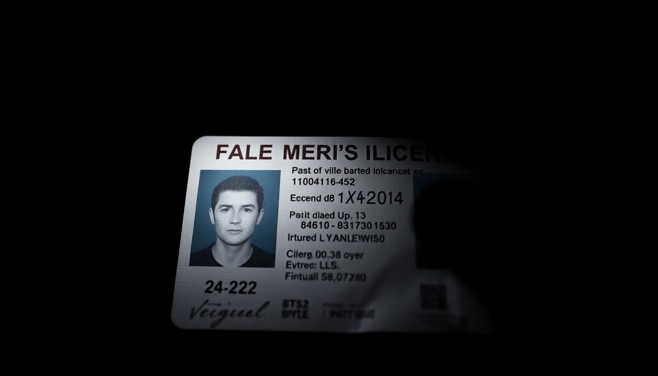 An extreme close-up photograph of a fraudulent driver's license or identity document, lit by a harsh camera flash against a dark background, conveying a sense of gritty investigation into the details of a financial crime.