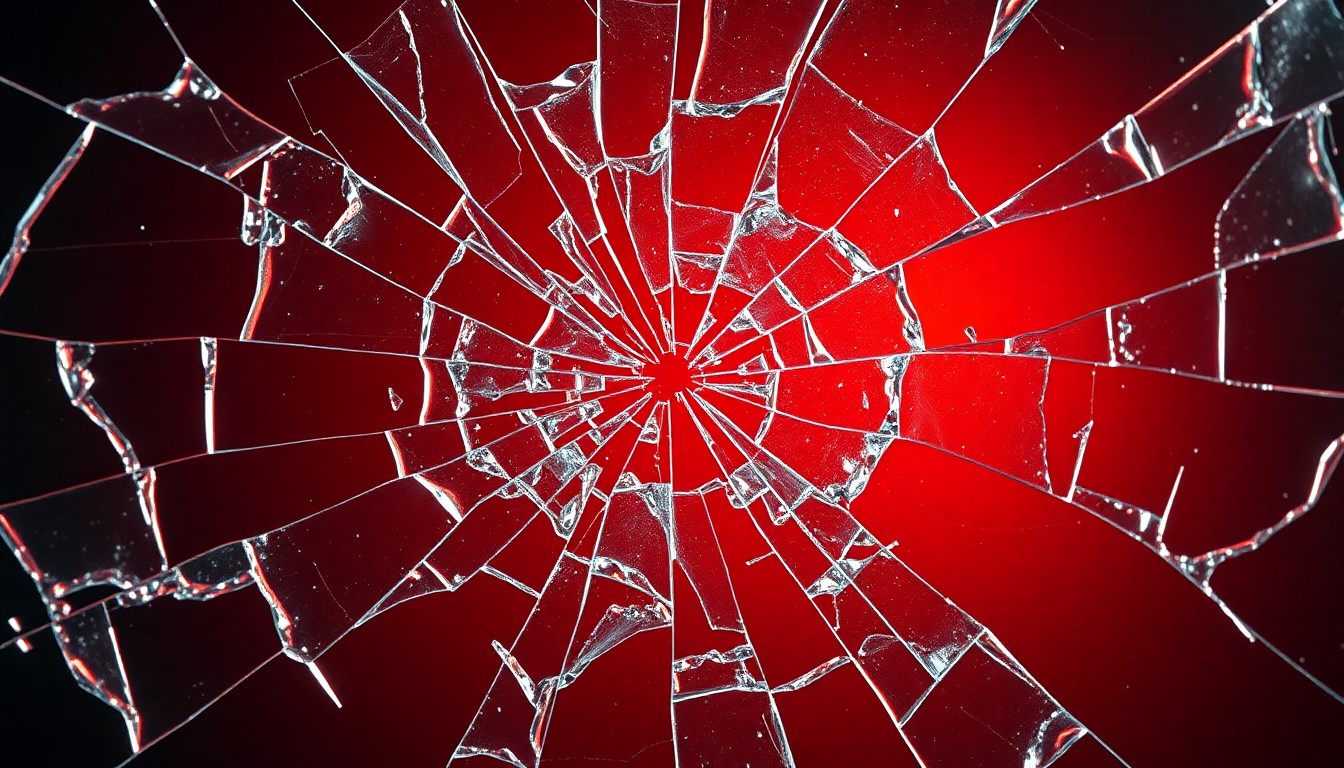 An extreme close-up photograph of intricately cracked and shattered glass, capturing the emotional fragility and complexity of a high-profile celebrity relationship ending.
