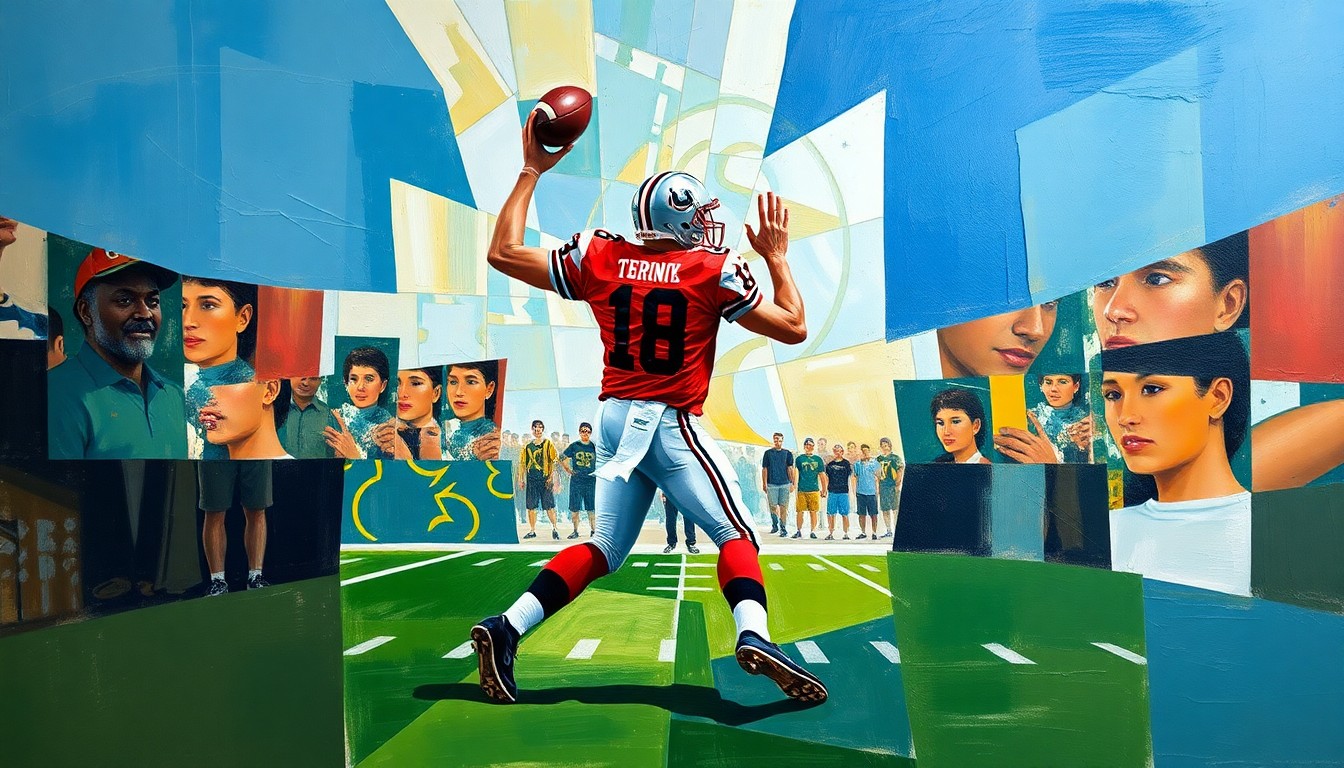 A fragmented, geometric painting depicting a quarterback dropping back to pass, with sharp, overlapping planes of color and form representing the complex decisions facing the Browns' front office.