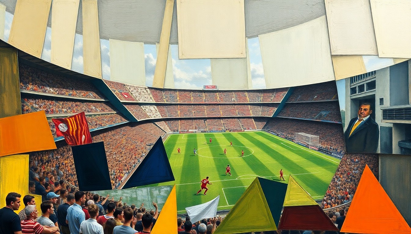 A cubist, geometric painting depicting a Barcelona soccer match, with the players and field broken down into overlapping, fragmented shapes and planes in a vibrant color palette.