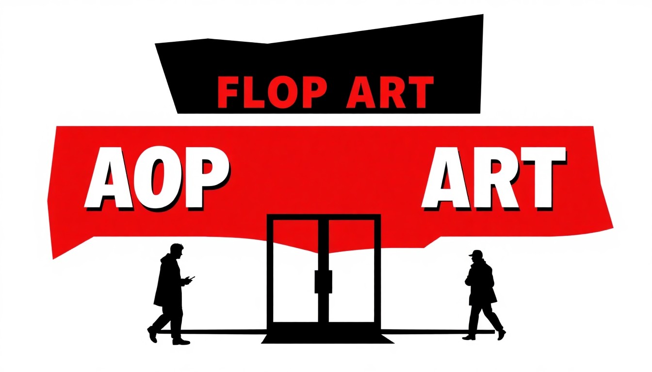 A bold, abstract composition of jagged, geometric black shapes and muted red and white tones, conceptually representing the shuttering of an iconic pop art storefront in Beacon, New York.