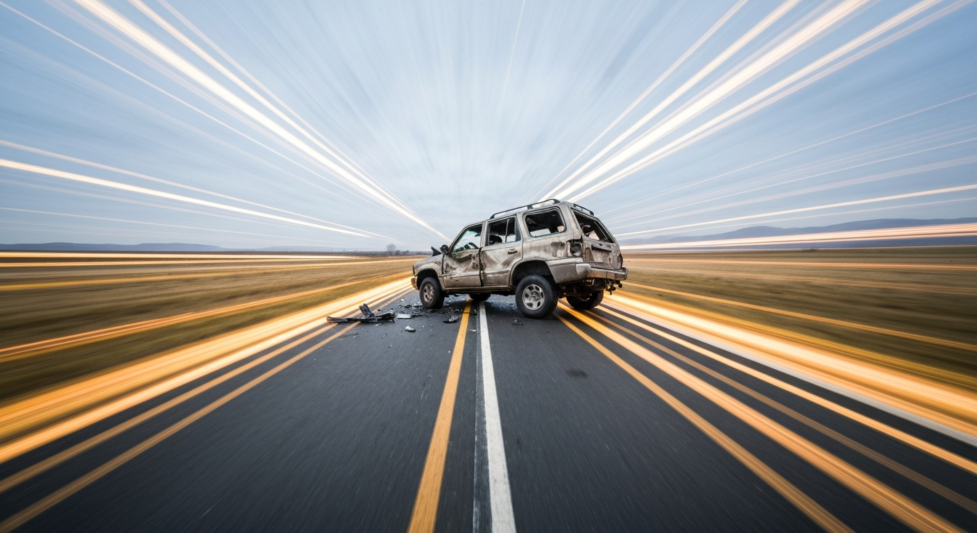 An abstract, blurred image of a wrecked SUV on a rural road, conveying a sense of speed, chaos, and the dramatic nature of the collision through sweeping brushstrokes of vibrant color.