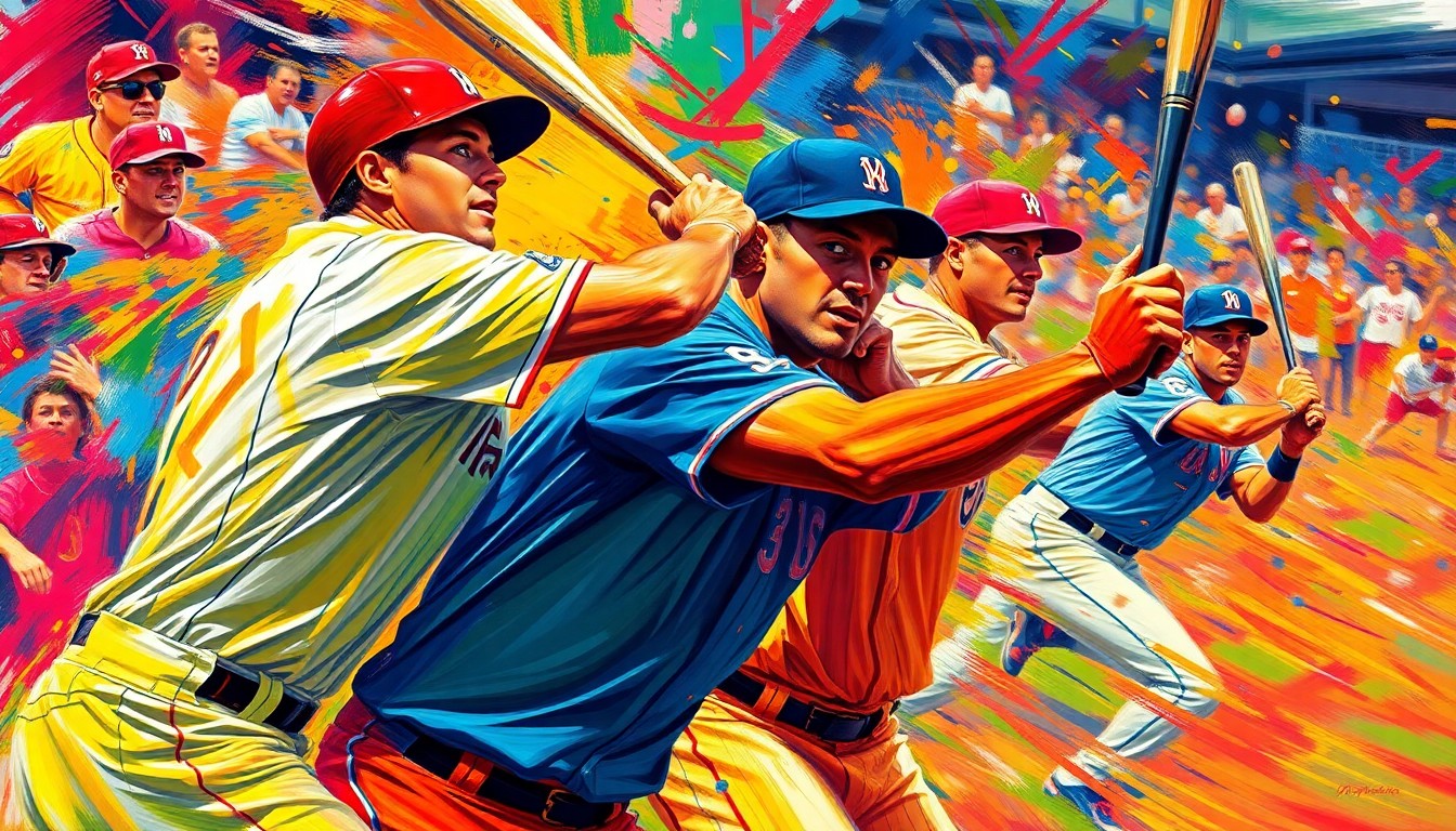 A vibrant, expressionistic painting depicting the energy and excitement of a baseball game, with the players' forms dissolving into colorful brushstrokes.