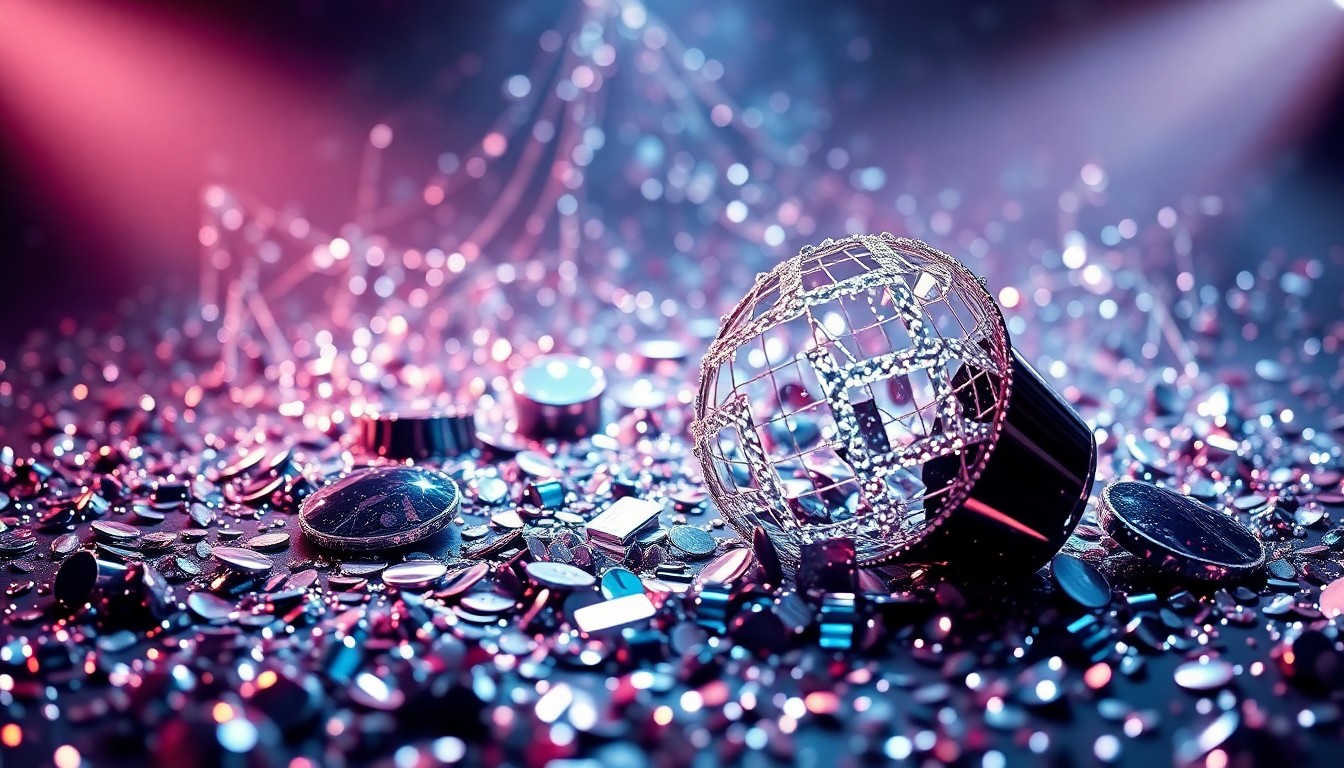 An abstract close-up photograph featuring a dramatic, high-contrast composition of glittering sequins and shattered disco glass, conceptually representing the glamour and energy of a celebrity music event.
