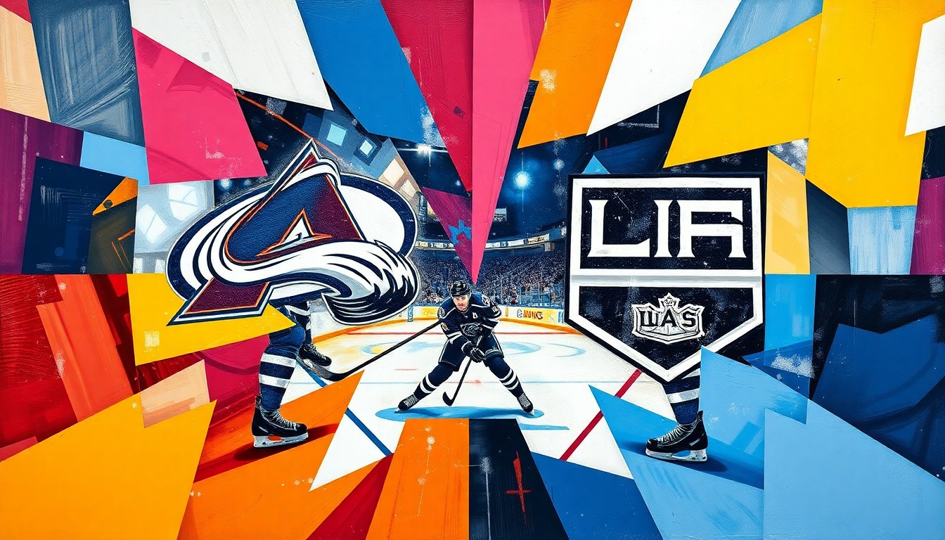 A cubist, geometric painting depicting a hockey playoff matchup, with sharp, overlapping planes of color representing the players and action on the ice.