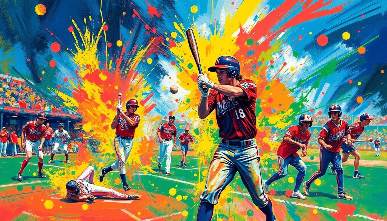 An abstract, energetic painting with vibrant neon brushstrokes in shades of blue, green, and orange, capturing the dynamic motion and raw emotion of a high school baseball game.