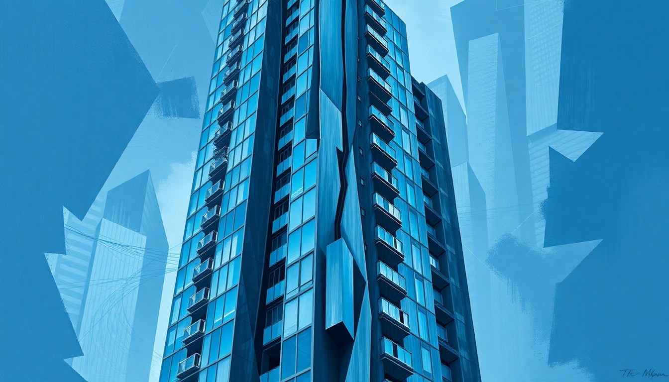 A fragmented, abstract painting depicting the outline of a tall luxury apartment building in shades of blue and gray, conveying the divisive politics surrounding taxation of elite properties in New York City.