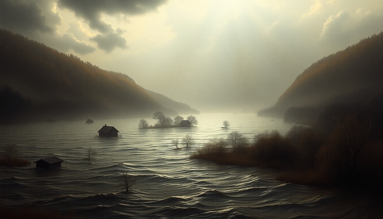 A sweeping, atmospheric landscape painting depicting a flooded rural area, with the silhouettes of submerged buildings and trees dwarfed by the expansive, turbulent waters.