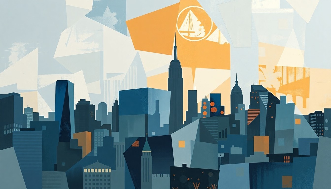 An abstract, fragmented painting of a city skyline in shades of blue, gray, and orange, visually representing the divided perspectives and political tensions surrounding the sanctuary city debate.