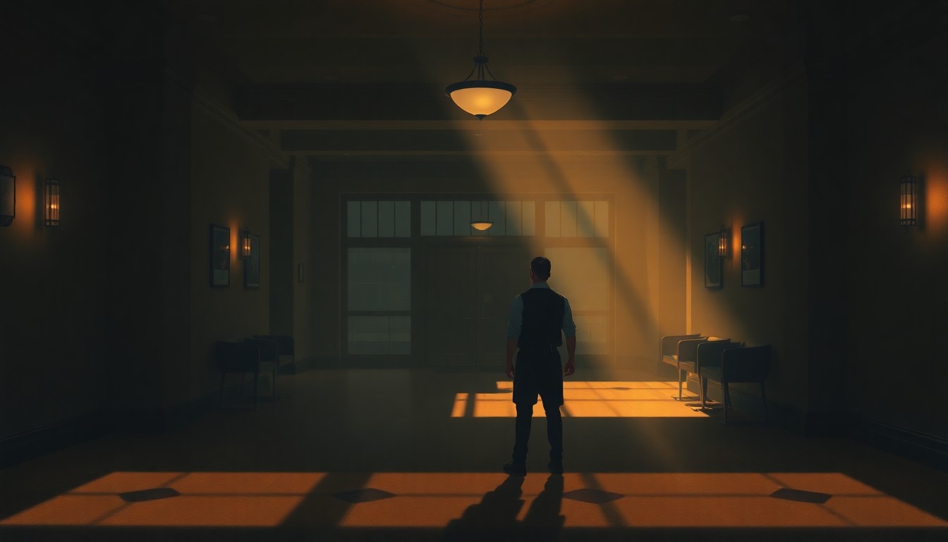 A solitary service industry worker stands alone in a dimly lit hotel lobby, bathed in warm, diagonal sunlight and deep shadows, capturing the quiet tension between the administration's economic claims and the lived experiences of local communities.