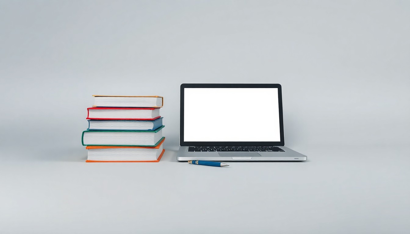 A minimalist studio photograph featuring a stack of college textbooks, a laptop, and a pen arranged on a clean, monochromatic background, conveying the abstract themes of higher education, career training, and financial performance.