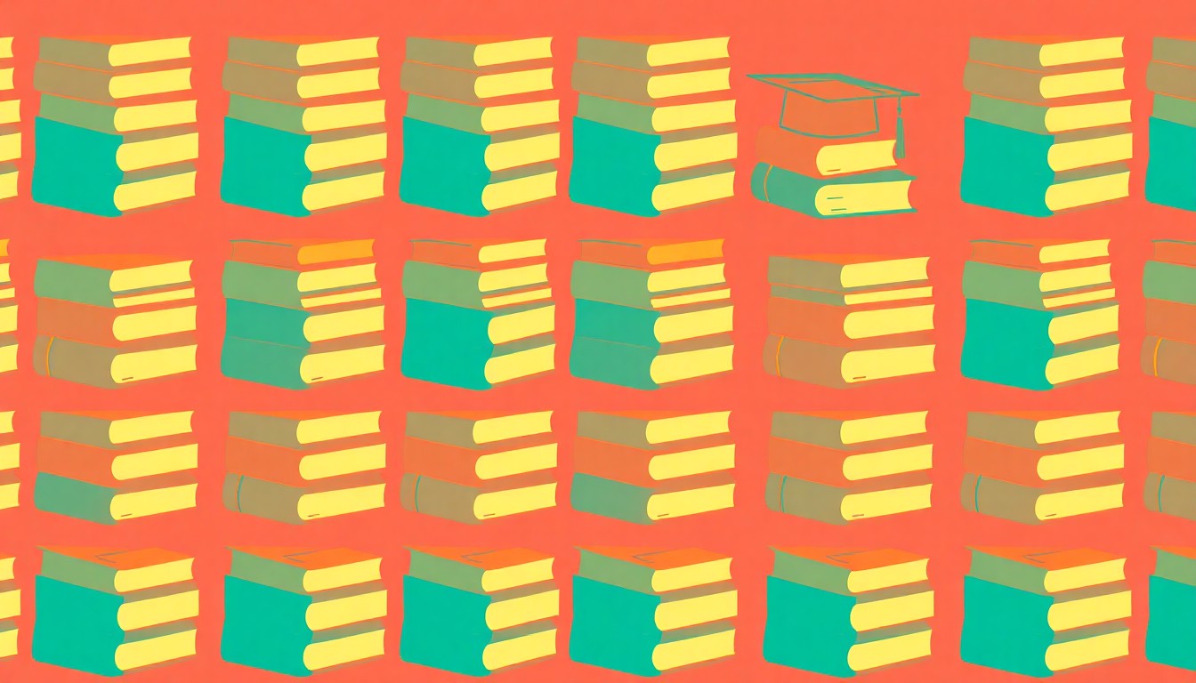 A vibrant, abstract silkscreen print composed of repeating images of a stack of books or a graduation cap, rendered in a bold, neon color palette with heavy black outlines, conveying the idea of making higher education more widely available.