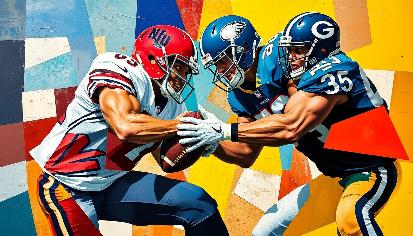 A cubist, geometric painting depicting an abstract football defensive line clash, with sharp, overlapping shapes and planes in shades of blue, green, and orange.
