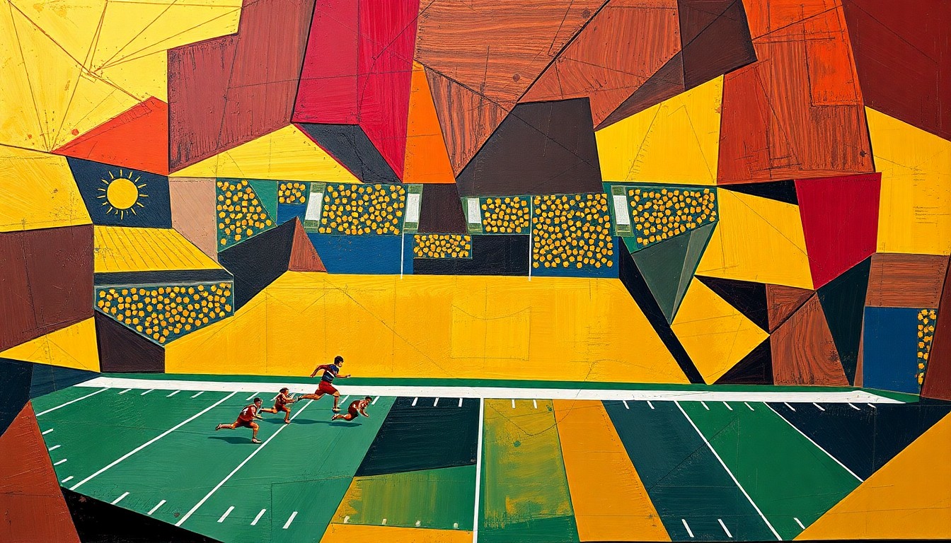 A cubist, geometric painting depicting a fragmented football field, with players and equipment broken down into sharp, overlapping shapes in the colors of the Florida State Seminoles.