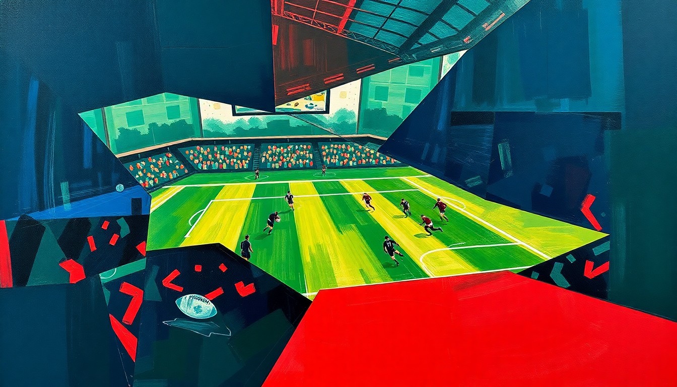 A fragmented, multi-angled painting depicting a rugby match, with players and the field broken down into sharp, overlapping geometric shapes in a palette of navy, green, and red, conveying the sport's fast-paced action and physicality.