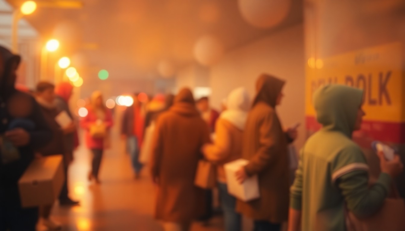 An extremely blurred, impressionistic photograph showing the outline of a long line of people waiting to receive food boxes, with the scene bathed in a warm, hazy glow of soft colors and light.