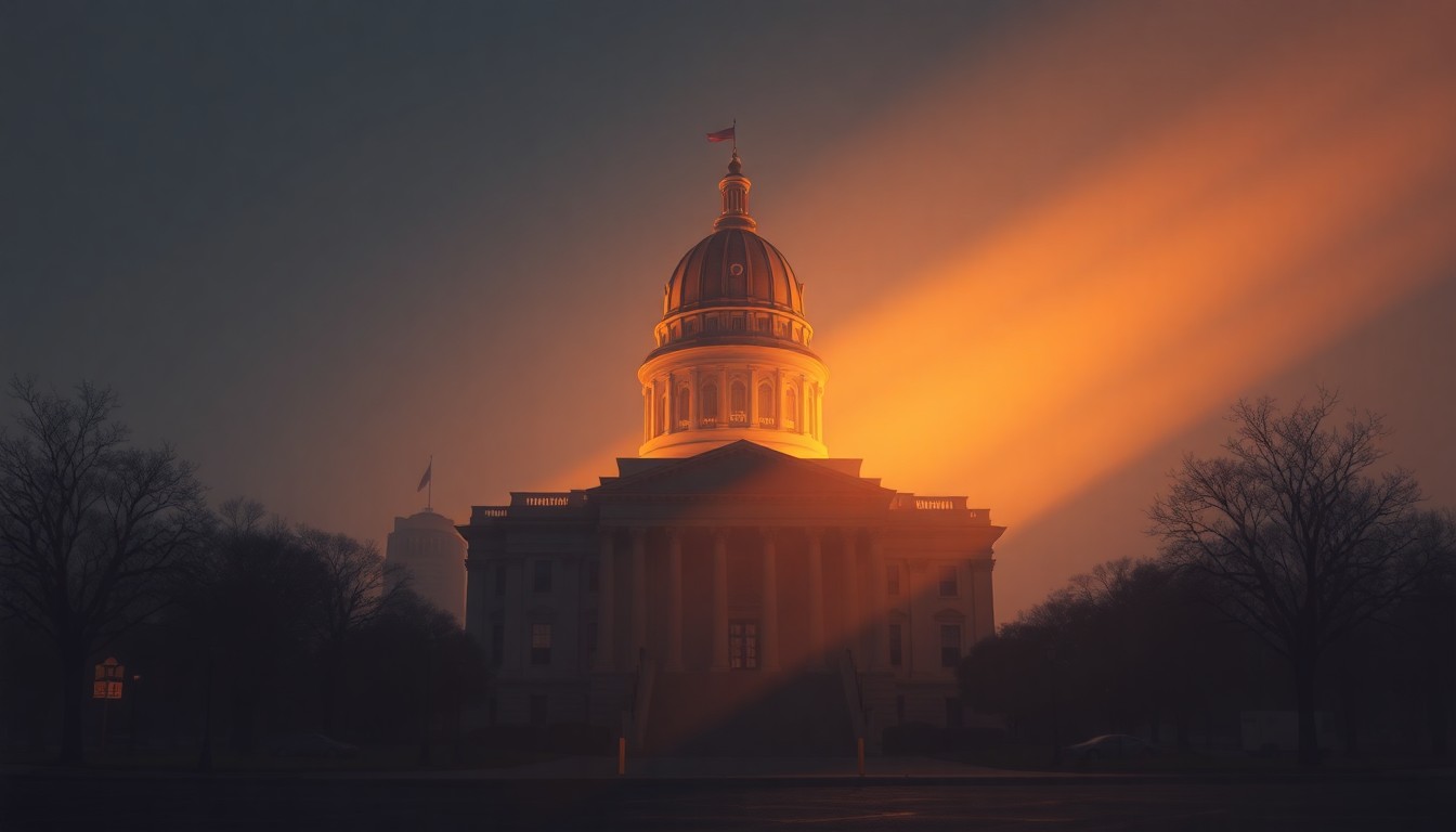 A serene, realistic painting of the Illinois State Capitol building, with warm sunlight casting long shadows across the facade, conveying a sense of quiet contemplation and the weight of political legacy.