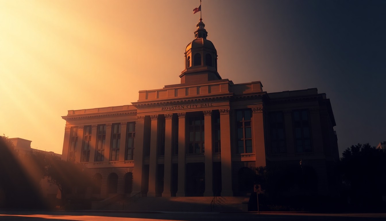 A realistic painting of the Houston City Hall building in warm, golden sunlight, with deep shadows across the facade, conveying a sense of quiet contemplation about the political tensions between the city and state.