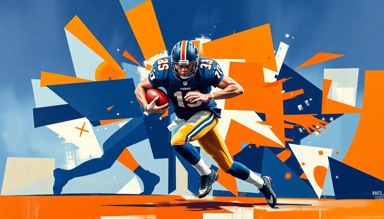 A fragmented, geometric painting depicting a football player in motion, their body broken down into overlapping planes of navy blue, orange, and white, conveying the raw energy and power of an NFL pass rush.