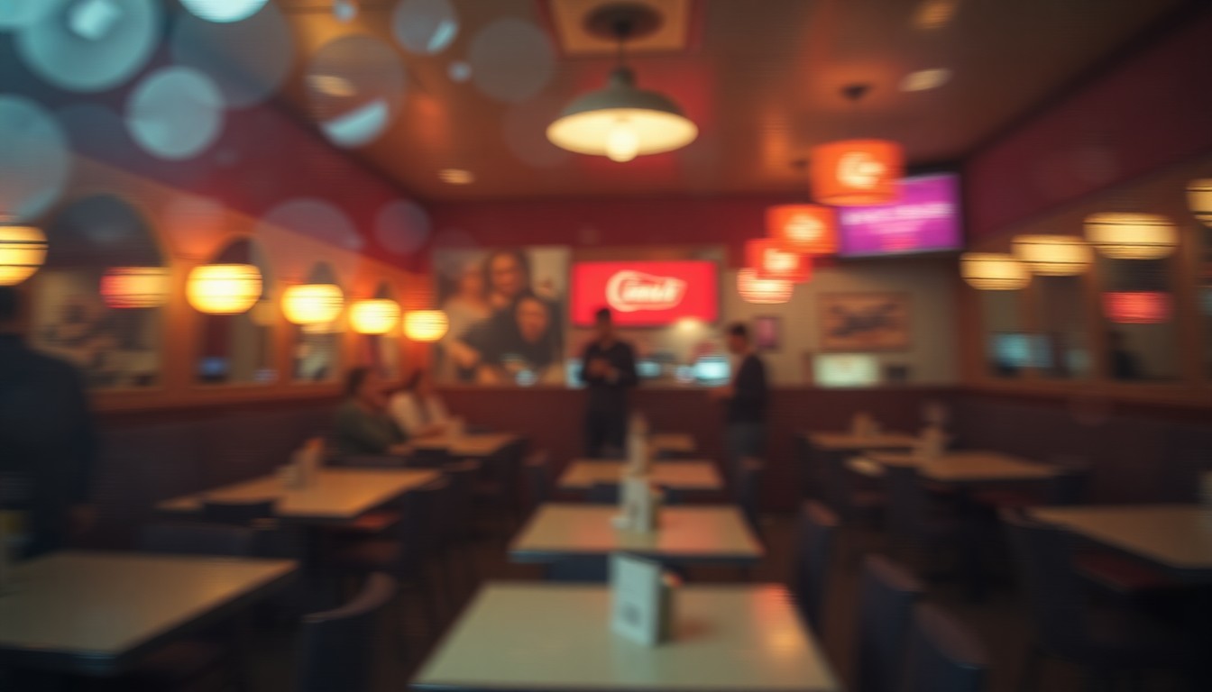 An abstract, impressionistic image of a dimly lit diner interior, with soft, blurred pools of warm light and color, conveying a sense of nostalgia and the passing of a cherished cultural institution.