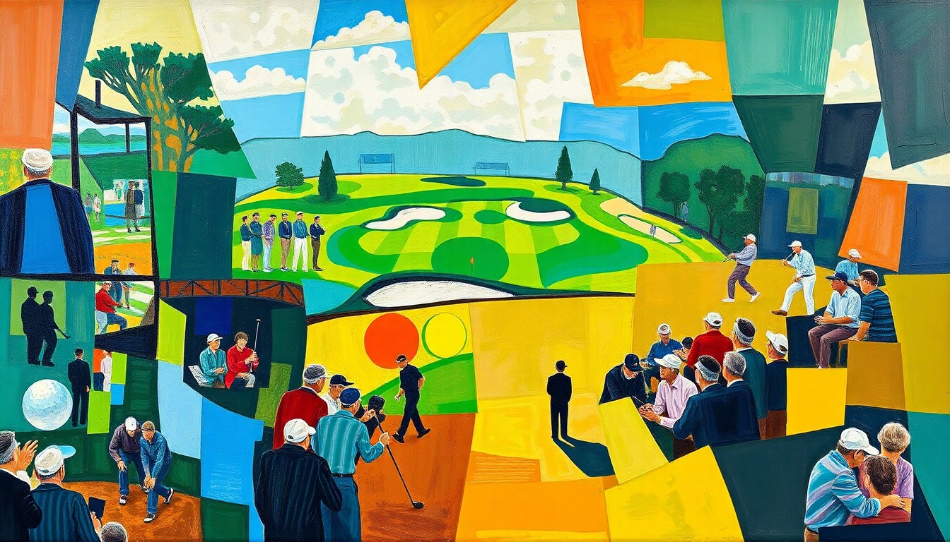 A cubist, geometric painting depicting a fragmented golf tournament scene, with overlapping planes of color and abstracted figures representing players and spectators.