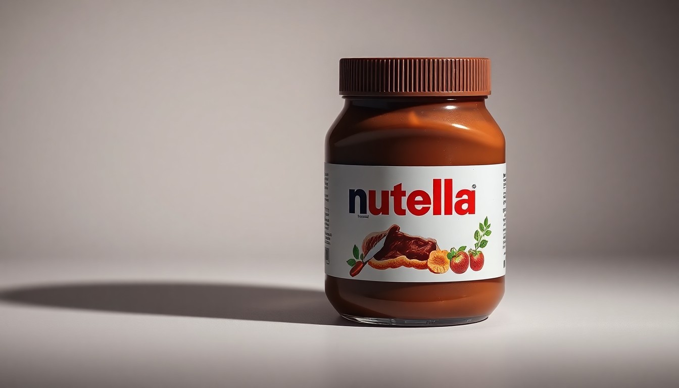 A photorealistic studio still-life photograph of a glass jar of Nutella Peanut spread, resting on a clean, monochromatic background and illuminated by dramatic studio lighting to showcase the rich, creamy texture of the product.