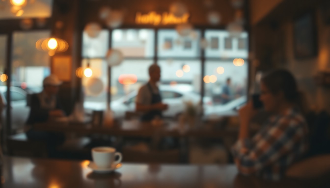 An abstract, impressionistic photograph depicting the warm, moody atmosphere of a specialty coffee shop, with blurred shapes and hints of coffee cups and barista equipment visible through the hazy, condensation-streaked glass.