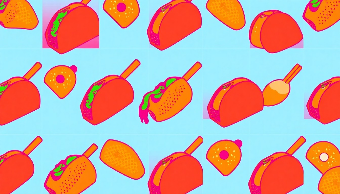 A vibrant, high-contrast silkscreen print featuring a repeated image of a breakfast taco in neon pink, orange, and blue hues, conceptually representing the innovative and visually striking menu at Twisted Egg Shack.