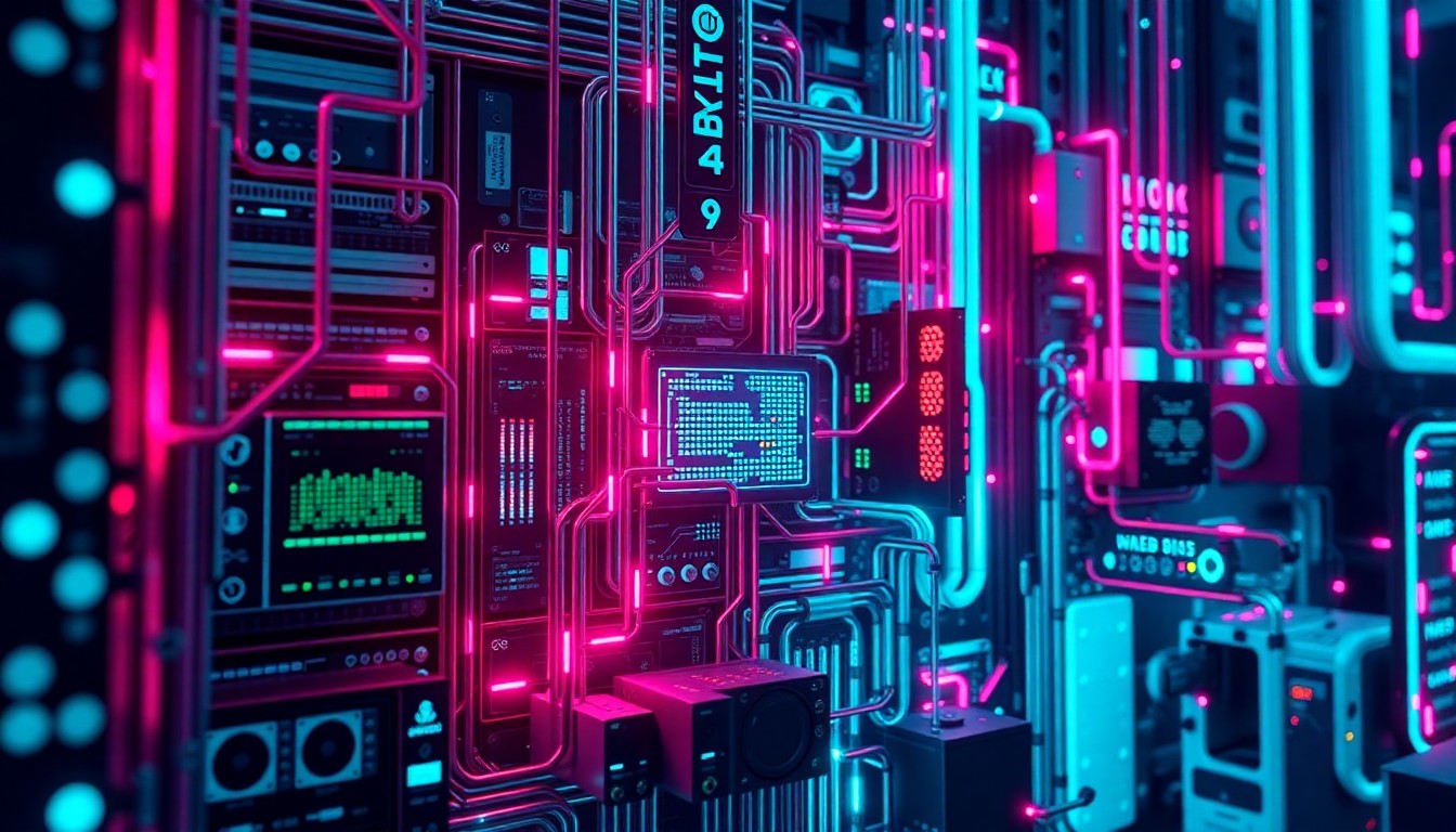 A highly detailed, glowing 3D macro illustration of a complex cybersecurity infrastructure, with neon cyan and magenta lights illuminating the intricate hardware and data flows, conceptually representing the immense power and potential risks of advanced AI models.