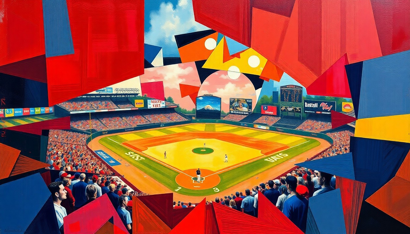 A fractured, cubist-style painting depicting a baseball game, with players and the field broken down into sharp, overlapping geometric shapes in vibrant colors, conveying the intensity and competitiveness of the matchup between NC State and Wake Forest.