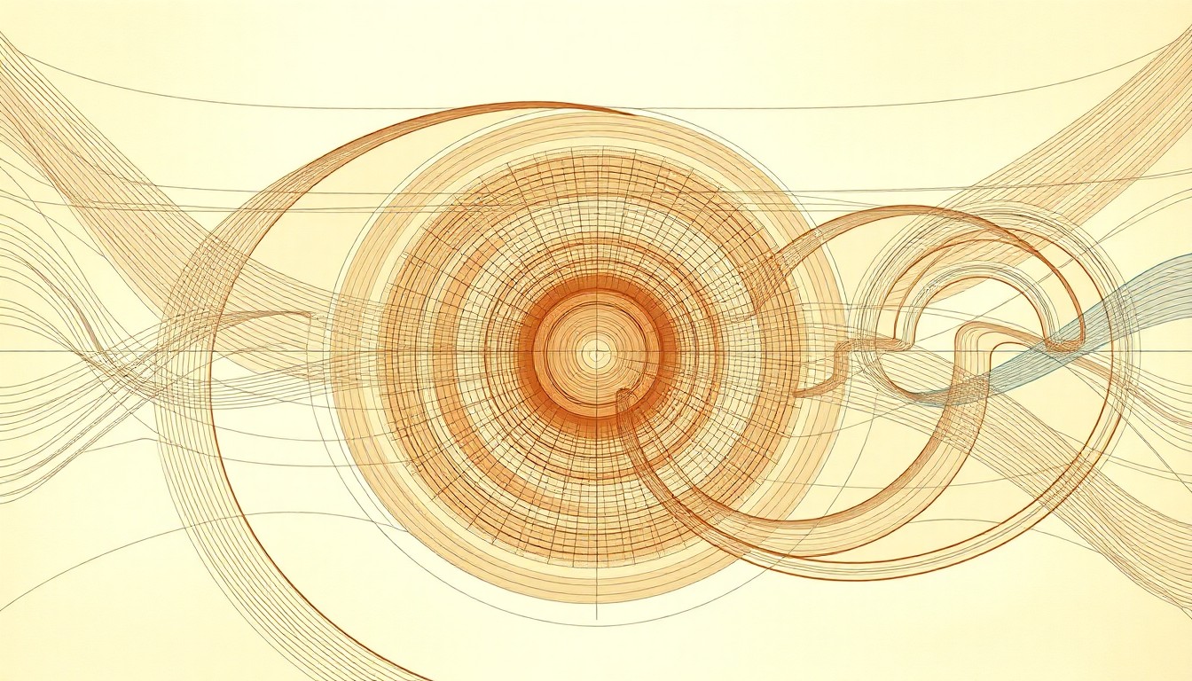 A bold, abstract painting in muted earth tones depicting a complex network of intersecting geometric shapes and waveforms, conceptually representing the interconnected electrical transmission system that powers the Three Mile Island nuclear facility.