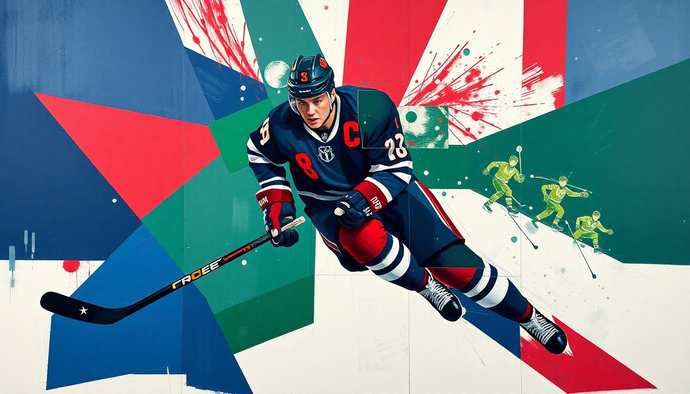 A fragmented, geometric painting depicting a hockey player in mid-motion, their form broken down into sharp, overlapping planes of navy, green, and red, capturing the raw athleticism and competitive drive of the sport.