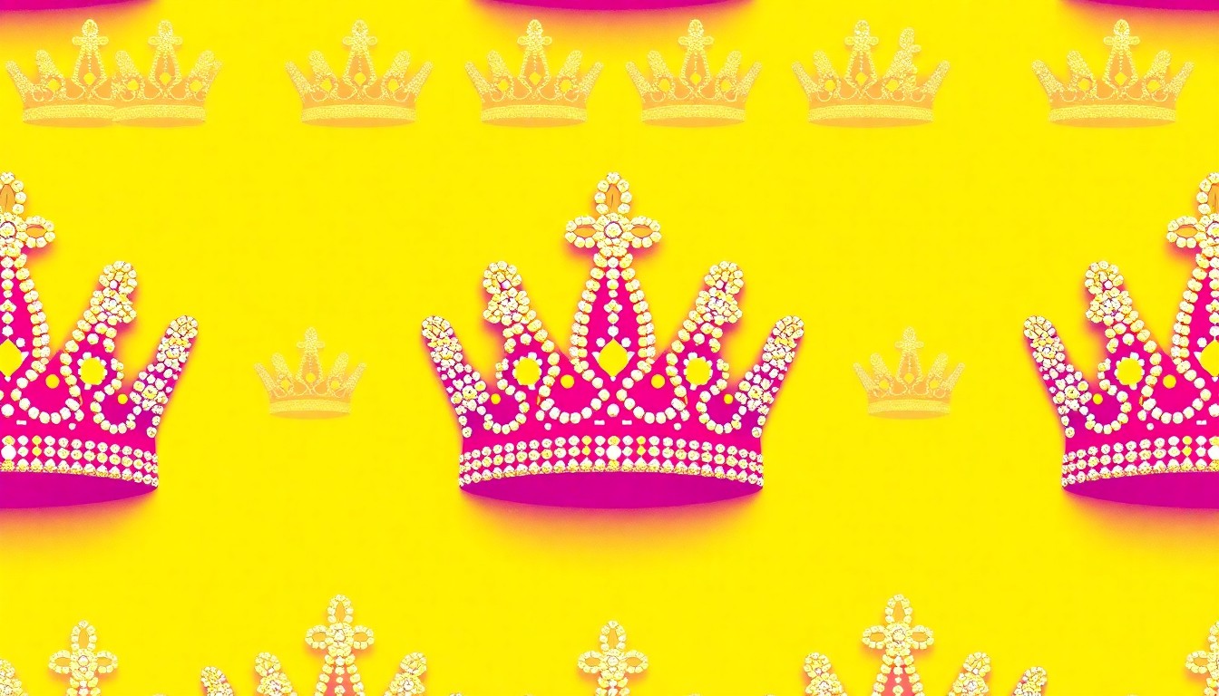 A vibrant, pop art-inspired illustration featuring a repeating pattern of sparkling rhinestone crowns in shades of pink, purple, and gold, conceptually representing the spirit of a small-town pageant and community festival.