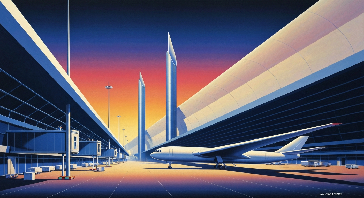 A highly stylized, geometric illustration depicting the towering scale and sleek forms of an airport terminal, rendered in smooth gradients of blues and grays to convey the grand monumentalism of air travel infrastructure.