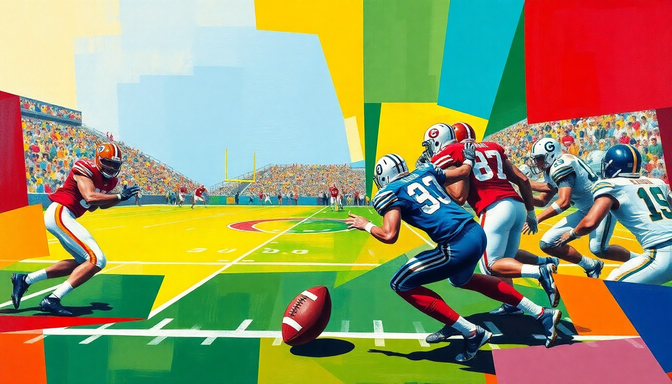 A fragmented, geometric painting depicting the dynamic movements and energy of a college football game, with players, ball, and field rendered in bold, overlapping shapes and colors.