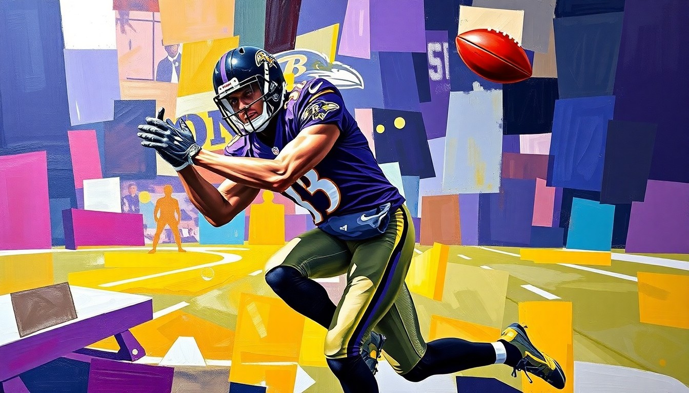 A cubist, geometric painting depicting a football player making a catch, with sharp, overlapping planes in the Ravens' team colors of purple, black, and gold, conveying the explosive energy of the team's new offensive weapon.