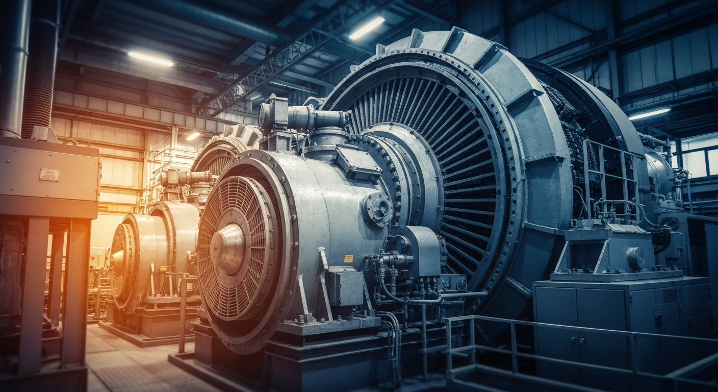 An extreme close-up of industrial power generation equipment, capturing the scale, complexity, and technical nature of Talen Energy's core business operations.