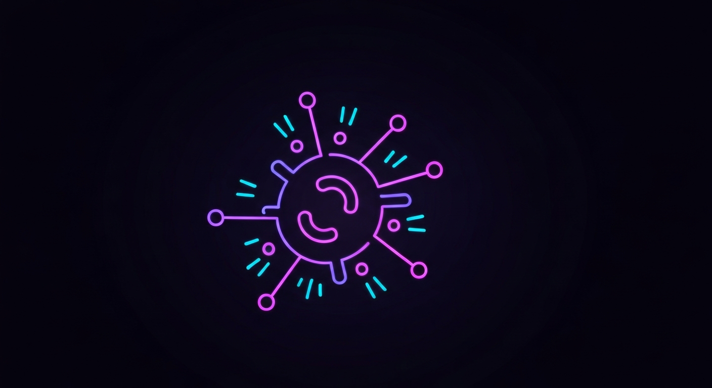 A glowing, neon-outlined abstract shape representing a cancer cell structure against a dark background, conceptually illustrating the targeted mechanism of action of an experimental cancer drug.