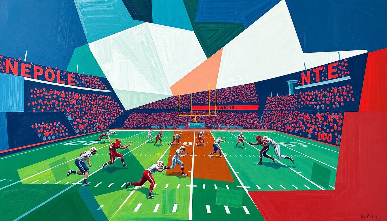 A fragmented, geometric painting in bold blues, greens, and reds, capturing the intensity and movement of a college football game in an abstract, cubist style.