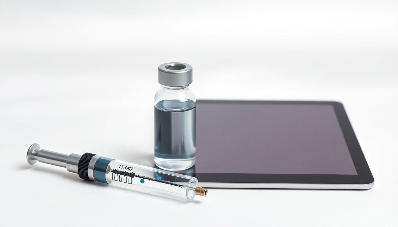 A photorealistic studio still life featuring a polished metal syringe, a glass vial, and a tablet computer arranged on a clean, white background, conceptually representing the biotechnology industry's focus on developing new cancer treatments.