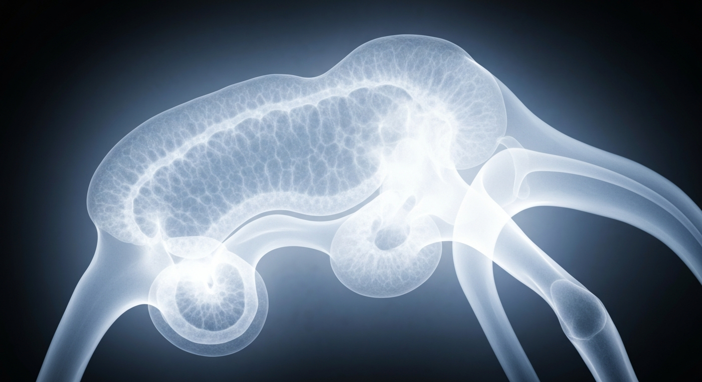 A ghostly, glowing X-ray image of the internal structure of a human prostate gland, visualizing the complex biological mechanisms that new cancer drugs aim to target.