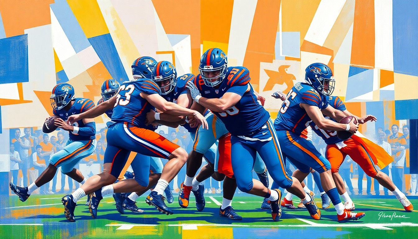 A fractured, cubist-style painting depicting the chaotic energy of a Boise State special teams play, with geometric shapes and planes of blue and orange representing the players and action on the field.