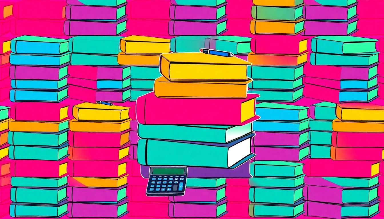 A bold, colorful silkscreen-style illustration featuring repeating patterns of common business education tools like textbooks, calculators, and pens, conceptually representing the academic and professional skills developed by the Stuttgart High School FBLA team.