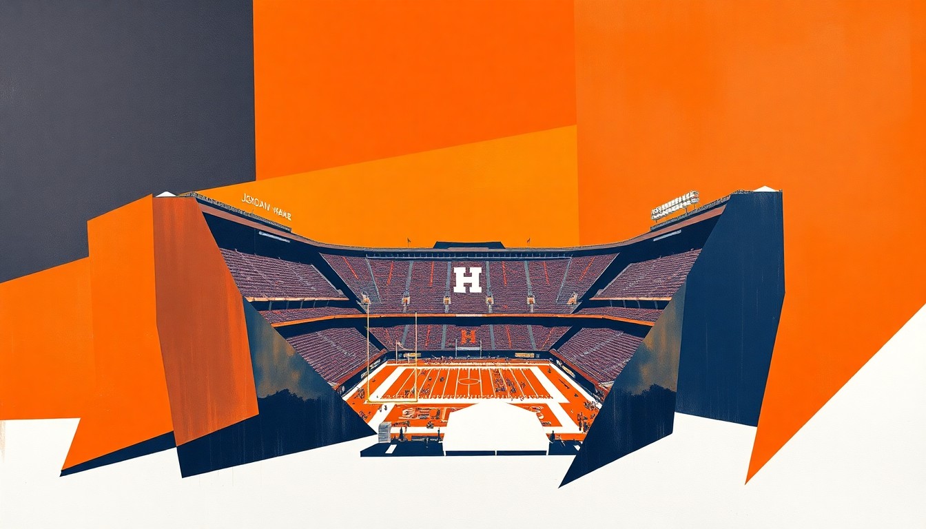 A cubist, geometric painting depicting the iconic Jordan-Hare Stadium broken down into overlapping planes of orange, blue, and white, conveying the ambitious scope of the upcoming renovation project.