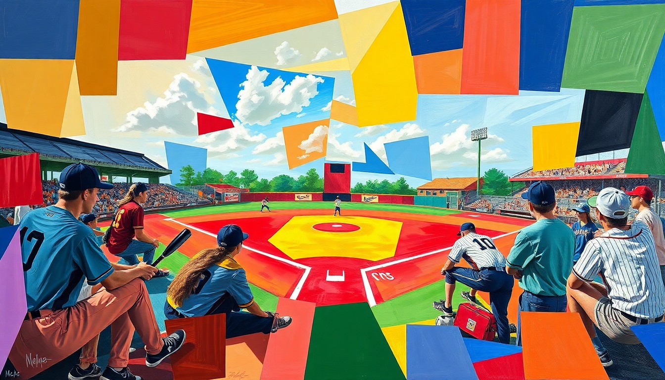 A cubist-style painting featuring overlapping geometric shapes in the team's colors, capturing the dynamic action and energy of a high school softball game.