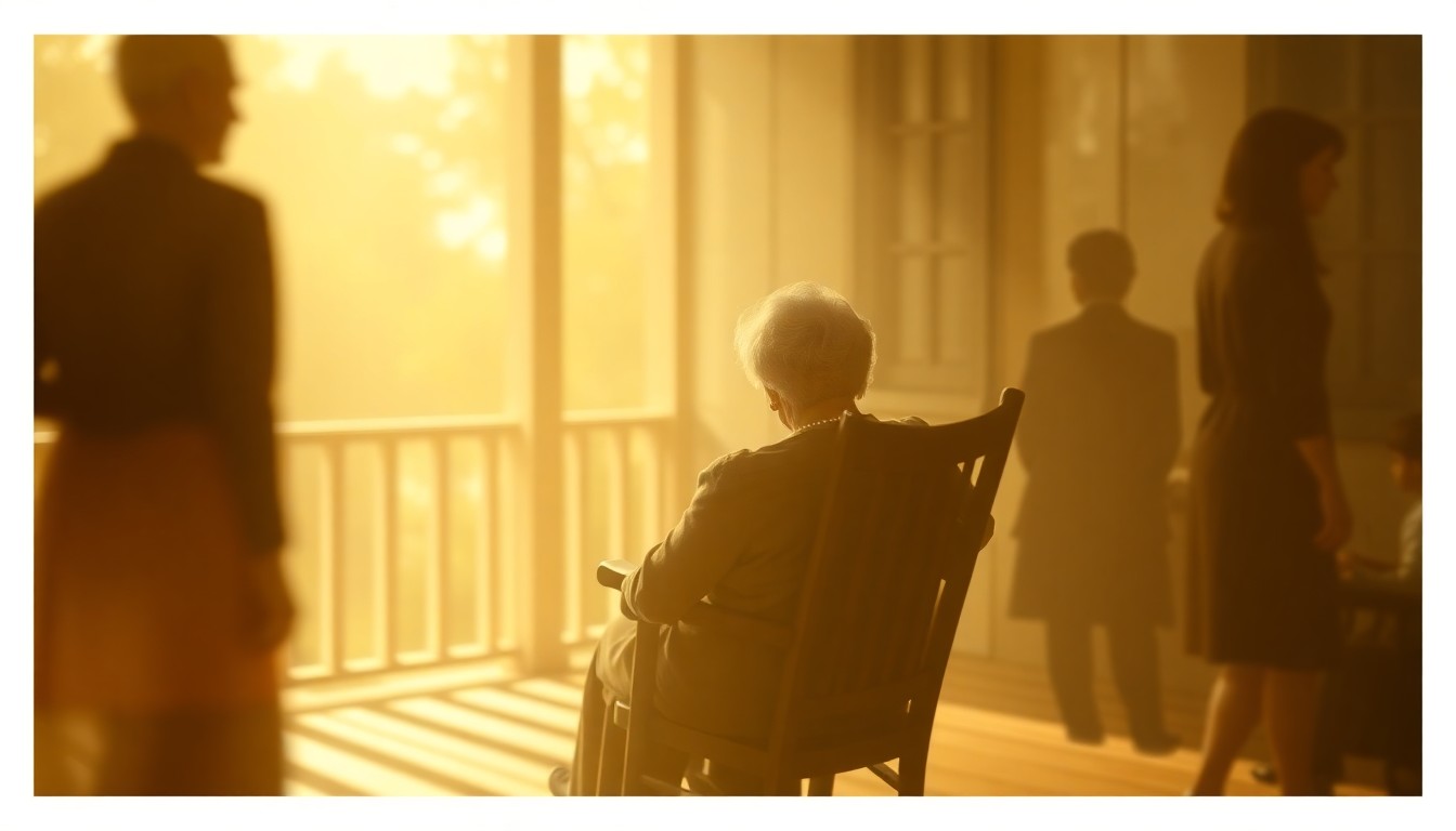 An extremely abstracted, out-of-focus photograph in soft, warm tones depicting an intimate scene of an elderly woman sitting in a rocking chair, surrounded by the blurred shapes of family members, conceptually representing the nostalgic legacy of a lifelong community member.