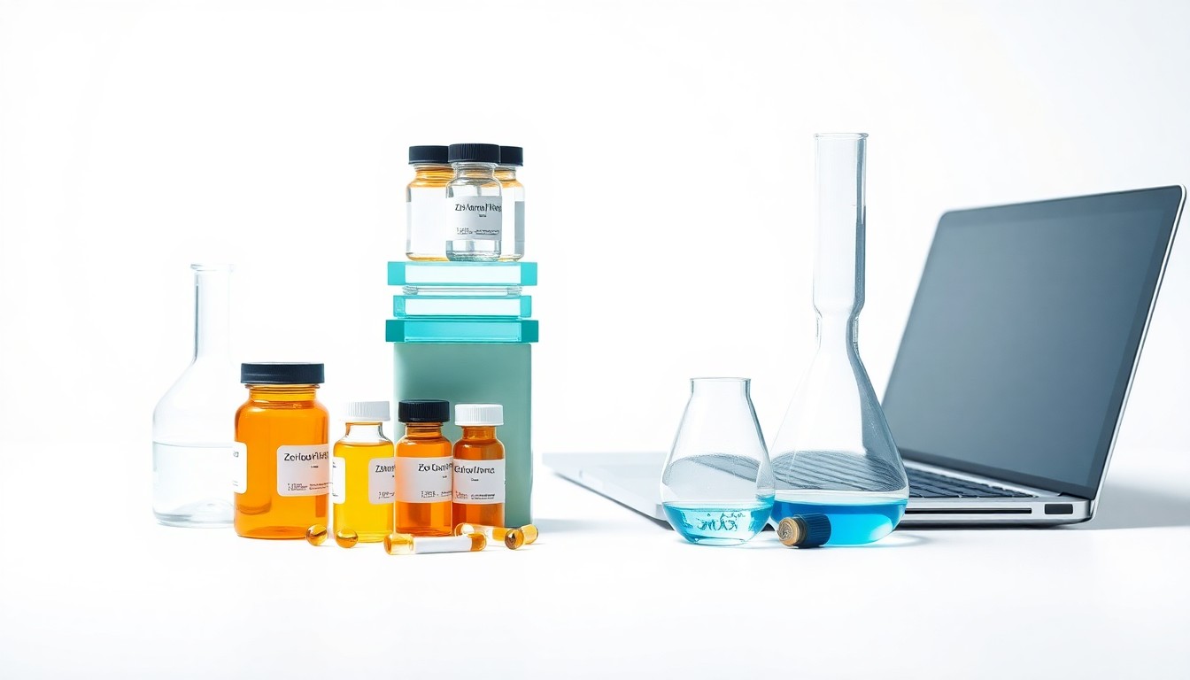 A high-end, photorealistic studio still-life photograph featuring a stack of pharmaceutical vials, glass beakers, and a laptop computer on a clean, white background, conceptually representing the research and development work happening at Zenas BioPharma.